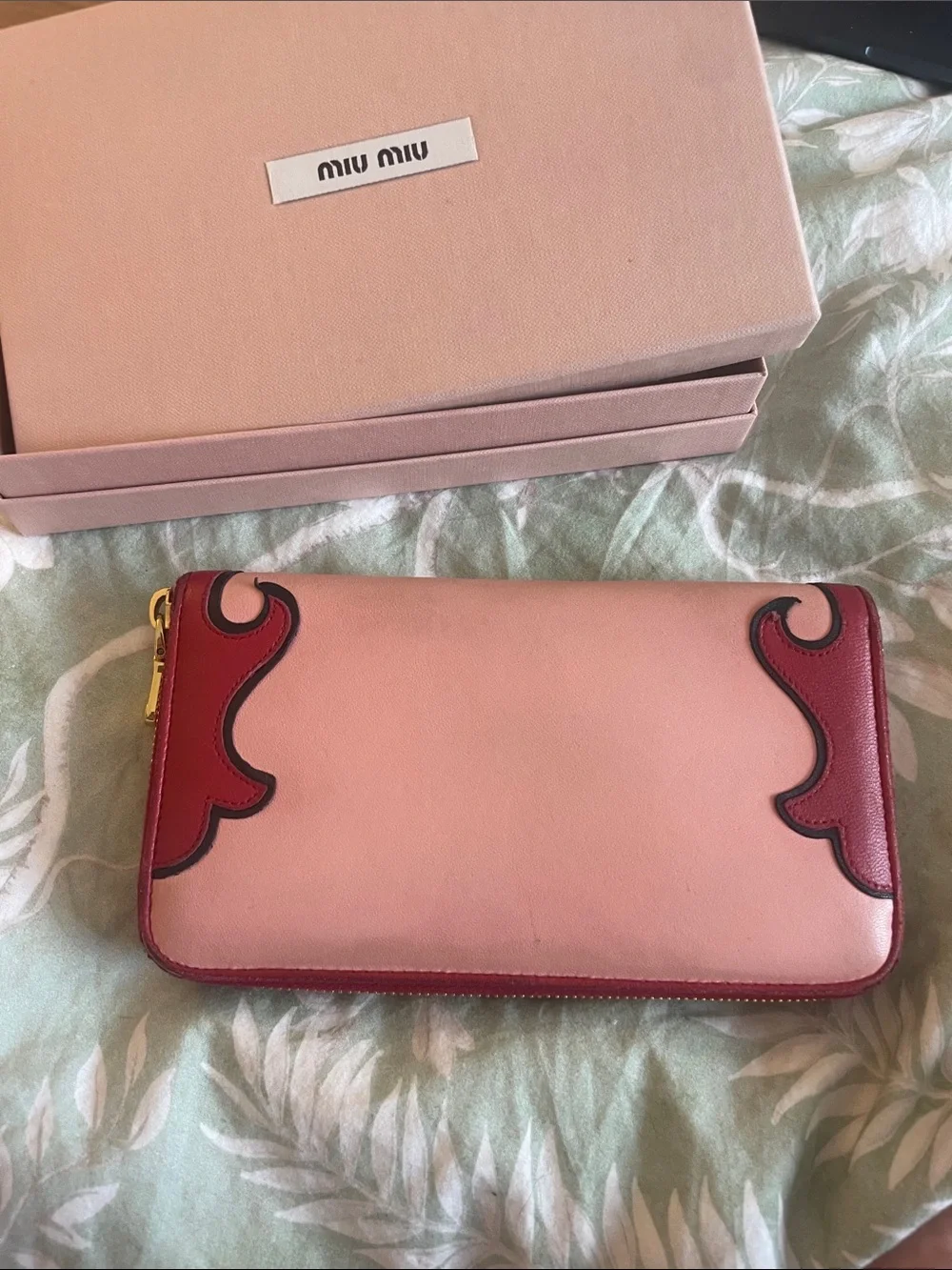 Miu Miu Pink Red Floral Appliqué Leather Zip Around Wallet Y2K Designer